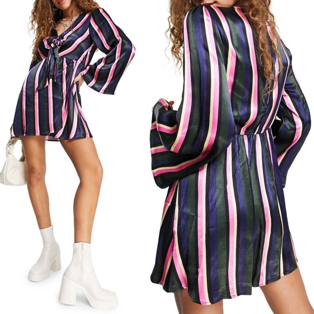 NEW Topshop Striped Print Mini Dress Tie Front Multicolour‎ Size 4 Bell Sleeve